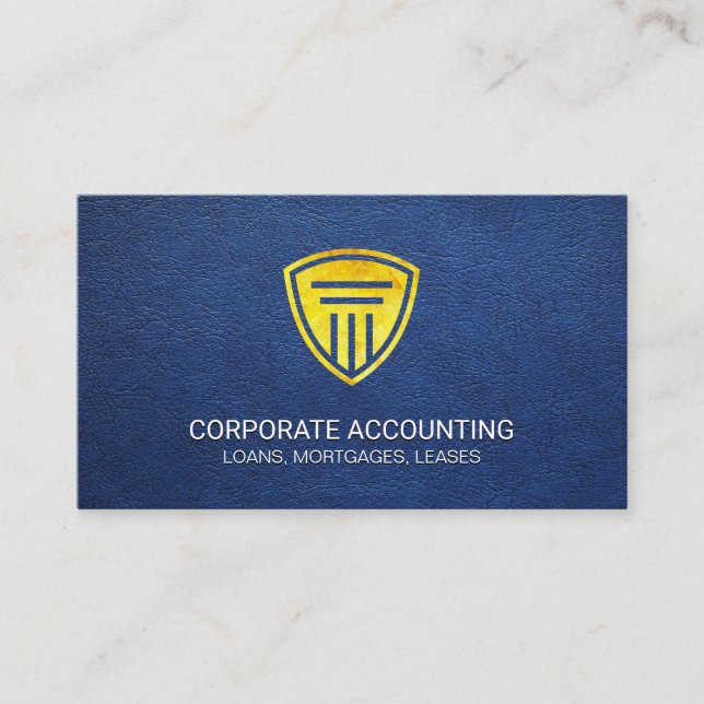 Gold Shield Pillar Blue Leather Texture Business Card (Front)