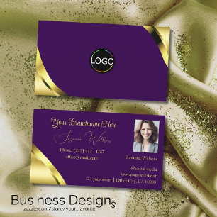 Gold Shimmer Corners on Purple with Logo and Photo Business Card