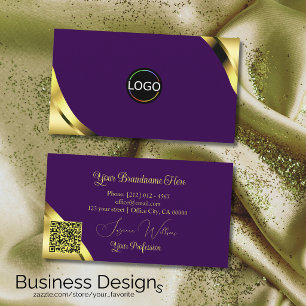 Gold Shimmer Corners on Purple with Logo QR Code Business Card