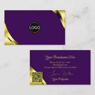 Gold Shimmer Corners on Purple with Logo QR Code Business Card