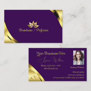 Gold Shimmer Corners on Purple with Petals Photo Business Card