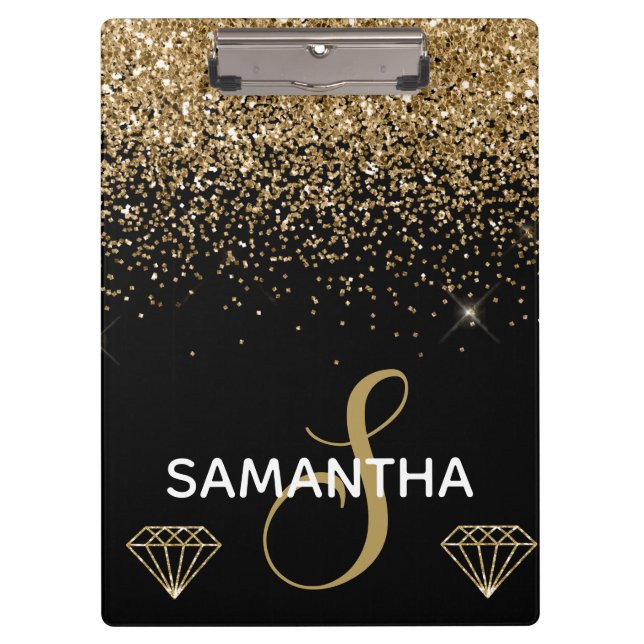 Gold Shimmer Glitter & Diamonds Monogram Clipboard (Front)