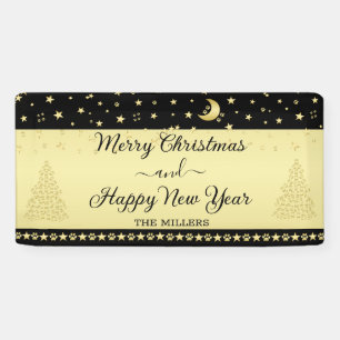 Gold shiny Christmas stars, paws on gold & black Banner
