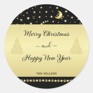 Gold shiny Christmas stars, paws on gold & black Classic Round Sticker