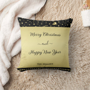 Gold shiny Christmas stars, paws on gold & black Cushion