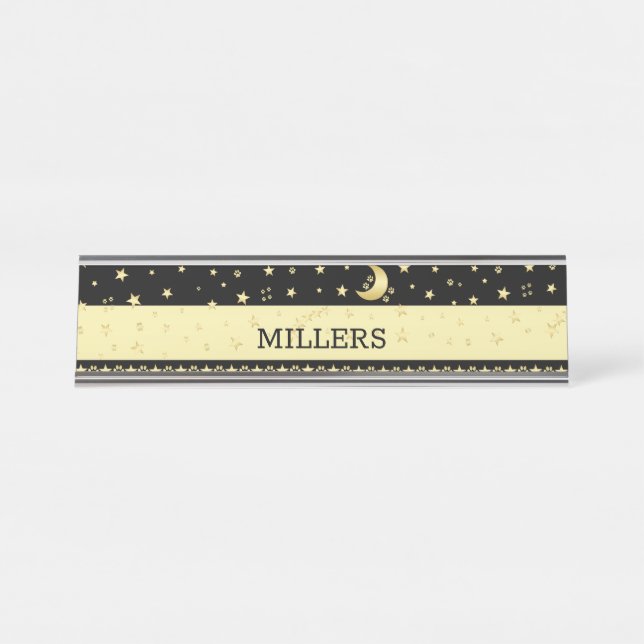 Gold shiny Christmas stars, paws on gold & black Desk Name Plate (Front)