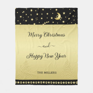 Gold shiny Christmas stars, paws on gold & black Fleece Blanket