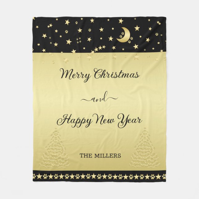 Gold shiny Christmas stars, paws on gold & black Fleece Blanket (Front)