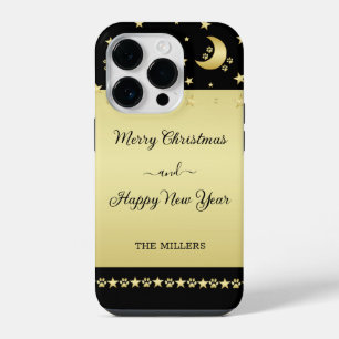 Gold shiny Christmas stars, paws on gold & black iPhone 14 Pro Case