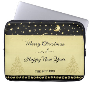 Gold shiny Christmas stars, paws on gold & black Laptop Sleeve
