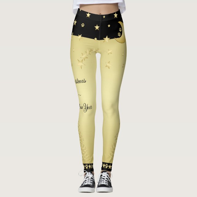 Gold shiny Christmas stars, paws on gold & black Leggings (Front)