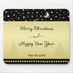 Gold shiny Christmas stars, paws on gold & black Mouse Pad