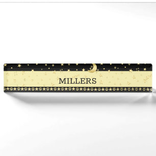 Gold shiny Christmas stars, paws on gold & black Nameplate