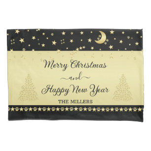 Gold shiny Christmas stars, paws on gold & black Pillowcase