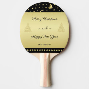 Gold shiny Christmas stars, paws on gold & black Ping Pong Paddle