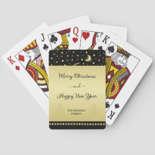 Gold shiny Christmas stars, paws on gold & black Playing Cards