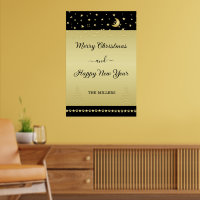 Gold shiny Christmas stars, paws on gold & black