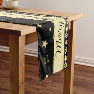 Gold shiny Christmas stars, paws on gold & black Short Table Runner