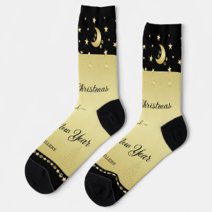 Gold shiny Christmas stars, paws on gold & black Socks