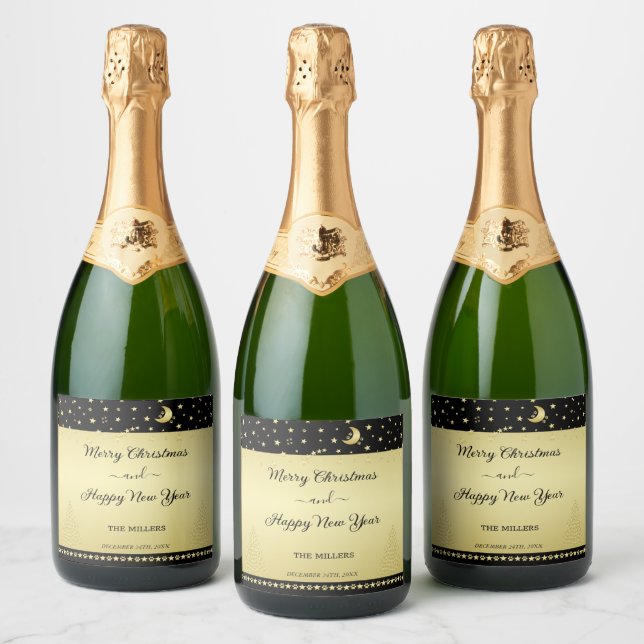 Gold shiny Christmas stars, paws on gold & black Sparkling Wine Label (Bottles)