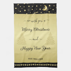 Gold shiny Christmas stars, paws on gold & black Tea Towel