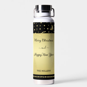 Gold shiny Christmas stars, paws on gold & black Water Bottle