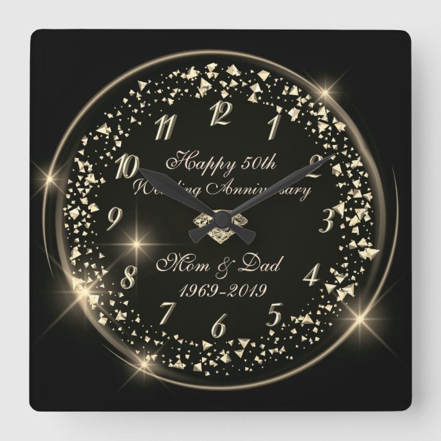 Gold Shiny Confetti,Black 50th Wedding Anniversary Square Wall Clock (Front)