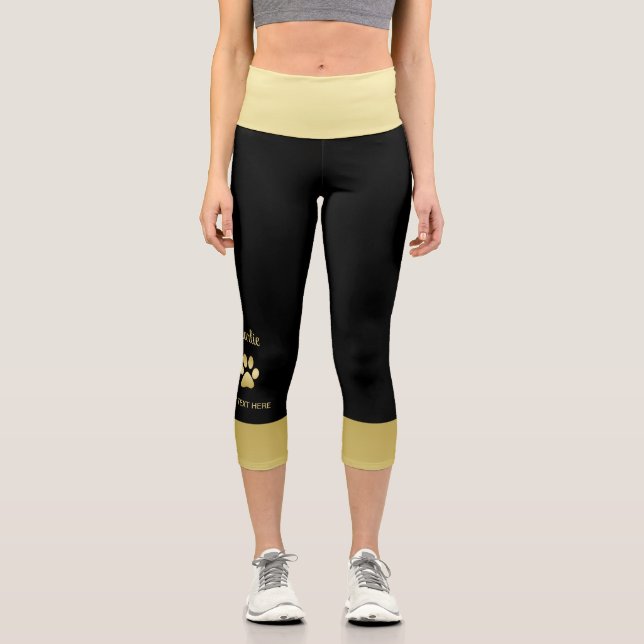  Gold Shiny Dog Paw on black background Capri Leggings (Front)