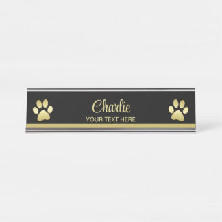  Gold Shiny Dog Paw on black background Desk Name Plate