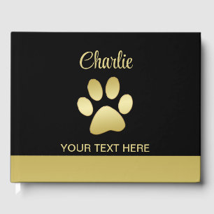  Gold Shiny Dog Paw on black background Guest Book