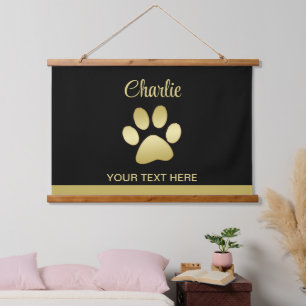  Gold Shiny Dog Paw on black background Hanging Tapestry