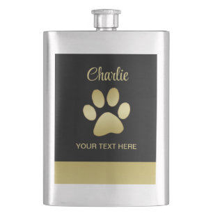 Gold Shiny Dog Paw on black background Hip Flask