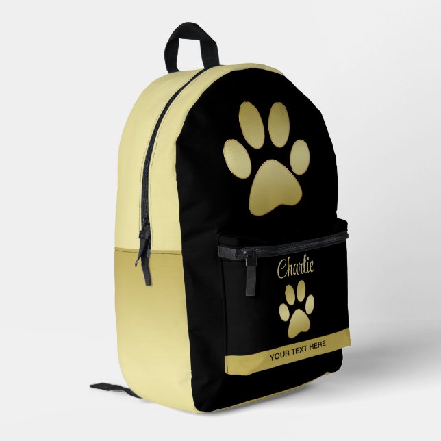  Gold Shiny Dog Paw on black background Printed Backpack (Back Corner Left)