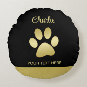 Gold Shiny Dog Paw on black background Round Cushion