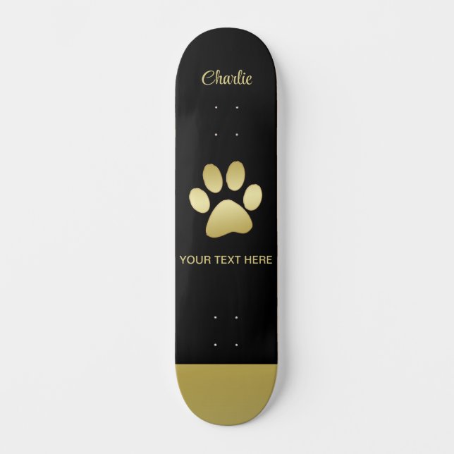  Gold Shiny Dog Paw on black background Skateboard (Front)