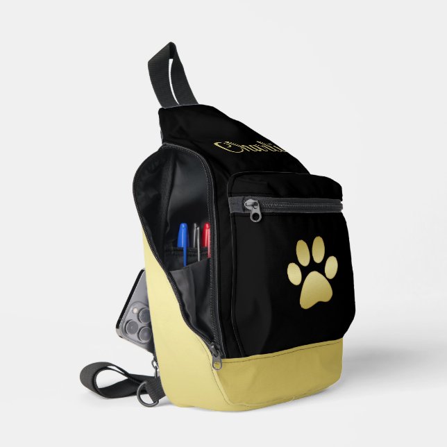  Gold Shiny Dog Paw on black background Sling Bag (Open)