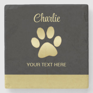 Gold Shiny Dog Paw on black background Stone Coaster