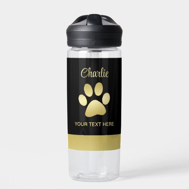 Gold Shiny Dog Paw on black background Water Bottle (Front)