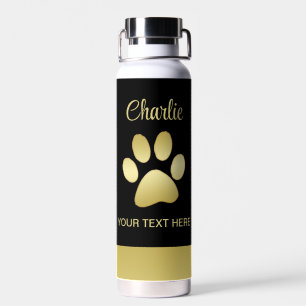 Gold Shiny Dog Paw on black background Water Bottle