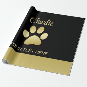 Gold Shiny Dog Paw on black background Wrapping Paper