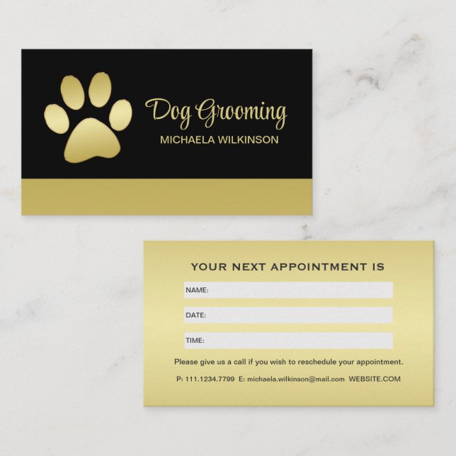  Gold Shiny Dog Paw on black Pet Grooming Service  Appointment Card (Front/Back)