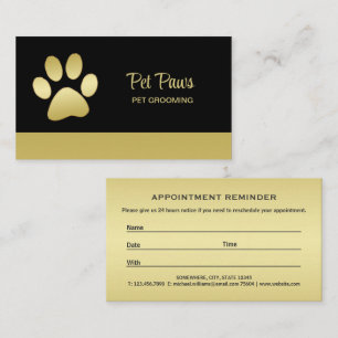 Gold Shiny Dog Paw on black Pet Grooming Service Appointment Card