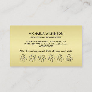 Gold Shiny Dog Paw on black Pet Grooming Service Loyalty Card