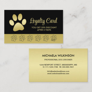Gold Shiny Dog Paw on black Pet Grooming Service Loyalty Card