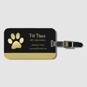 Gold Shiny Dog Paw on black Pet Grooming Service Luggage Tag