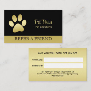 Gold Shiny Dog Paw on black Pet Grooming Service Referral Card