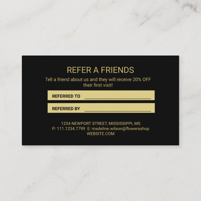 Gold Shiny Flower Palm Leaves on black  Referral Card (Back)