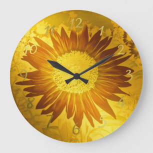 gold ,shiny ,modern, style, coloured, sunflower large clock