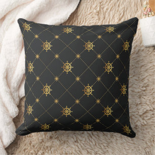 Gold Ship Wheel Throw Pillow