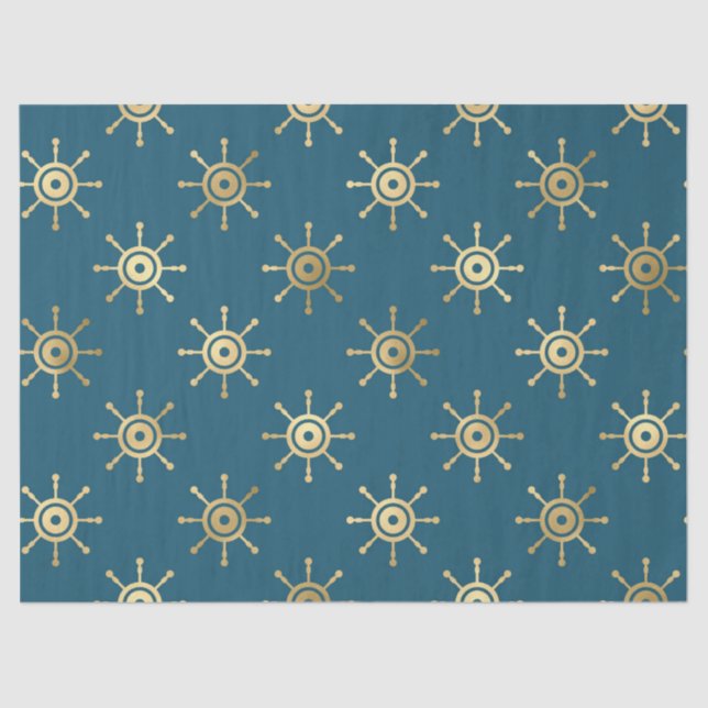 Gold Ship Wheels on Blue/Green Decoupage Tissue Paper (Front)
